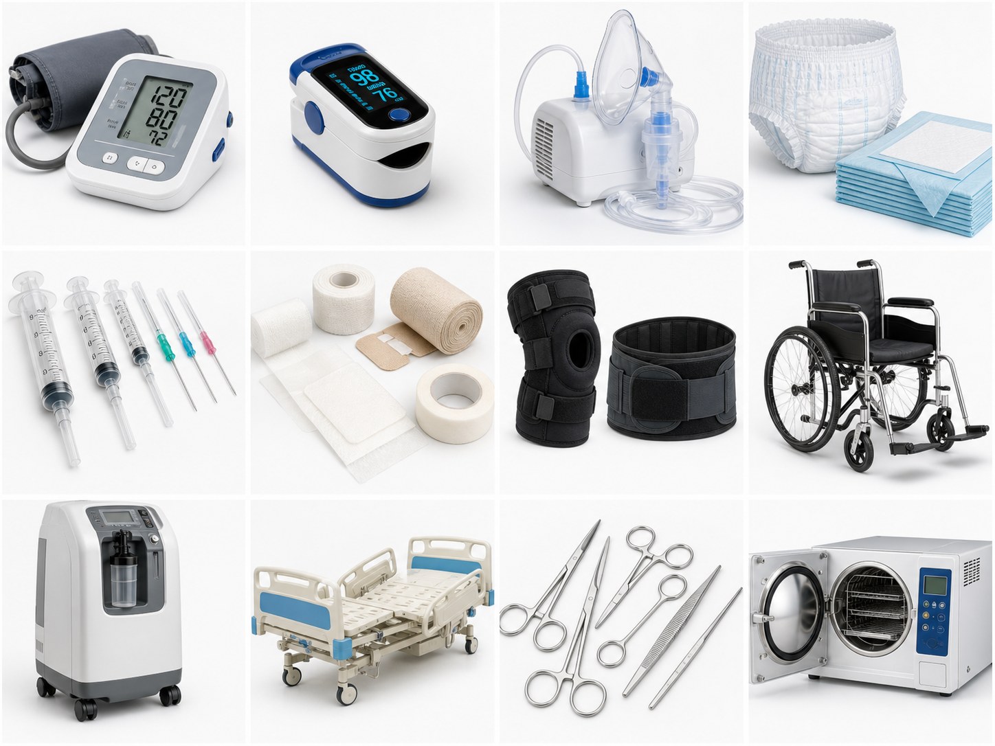 Medical supply catalog products including home-care monitors, mobility support, consumables, surgical instruments, hospital bed, and sterilizer