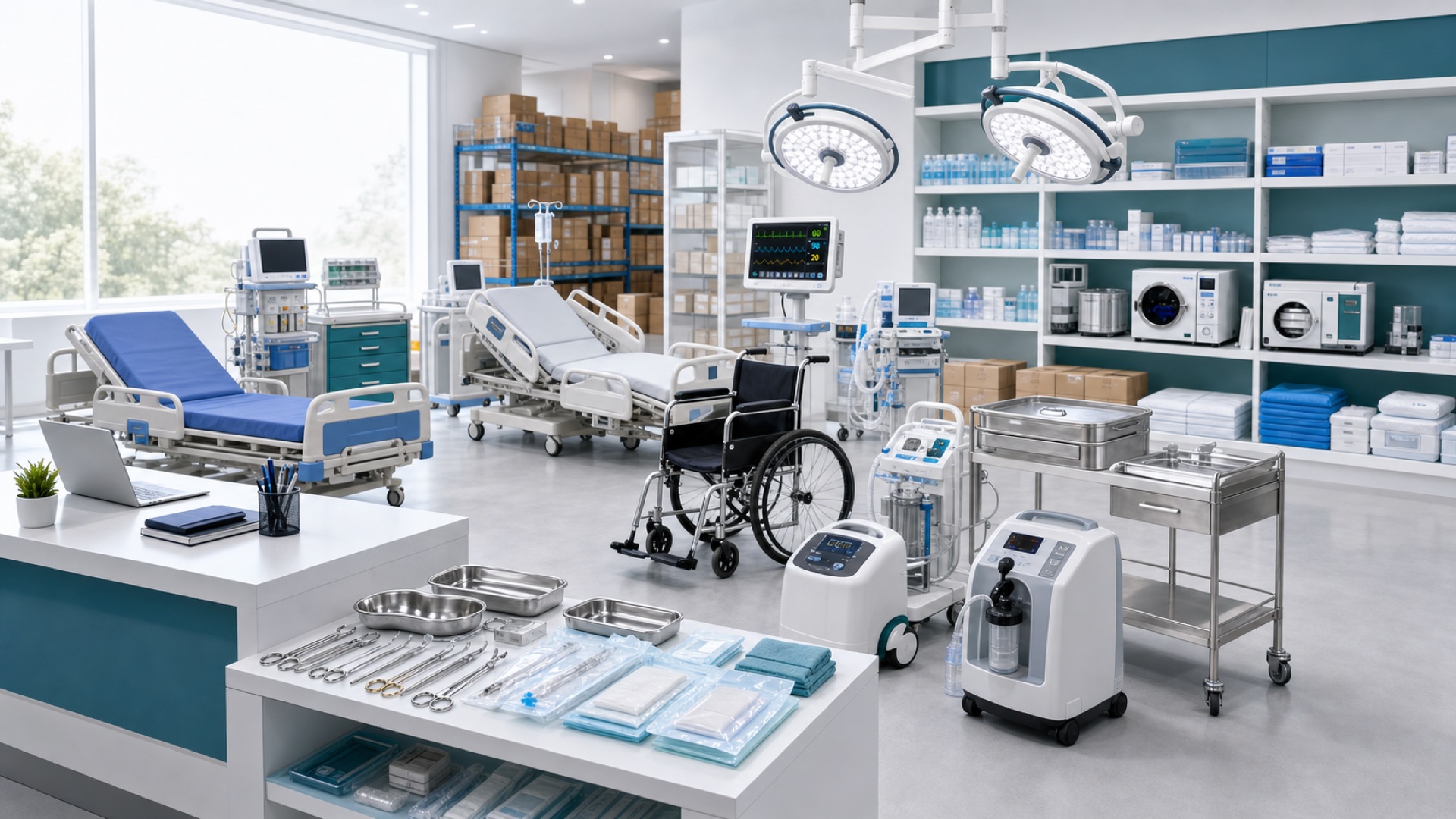 Modern medical equipment showroom with hospital beds, monitors, operation lights, carts, shelves, and packed supplies
