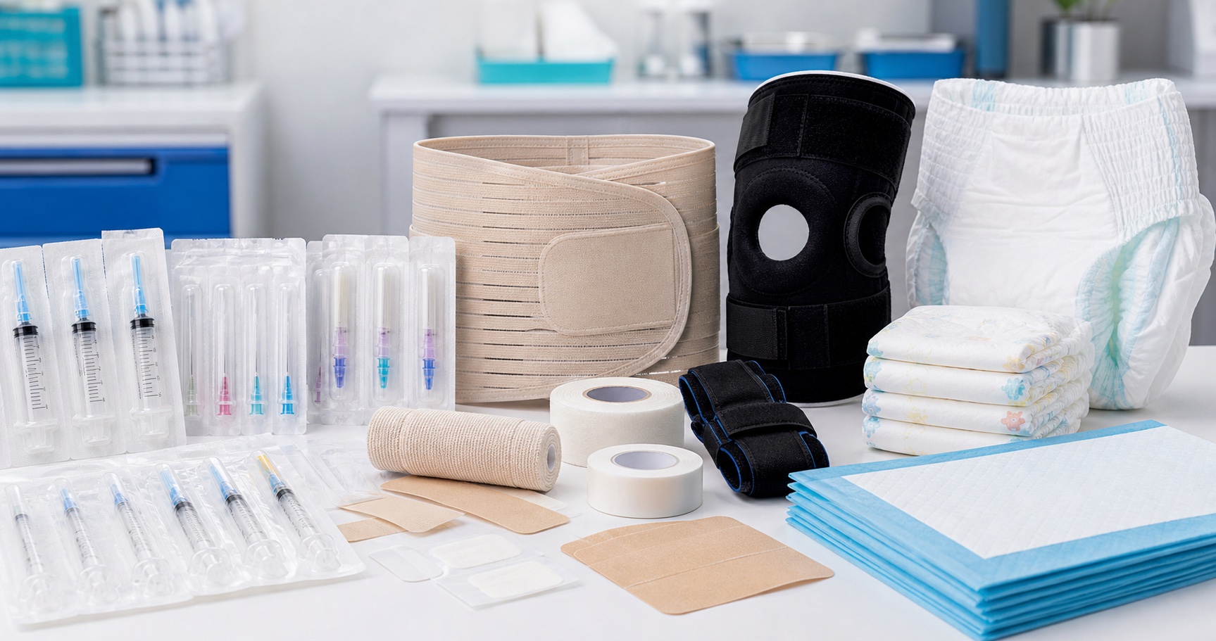 Packed medical essentials including syringes, plasters, orthopedic support, diapers, and underpads