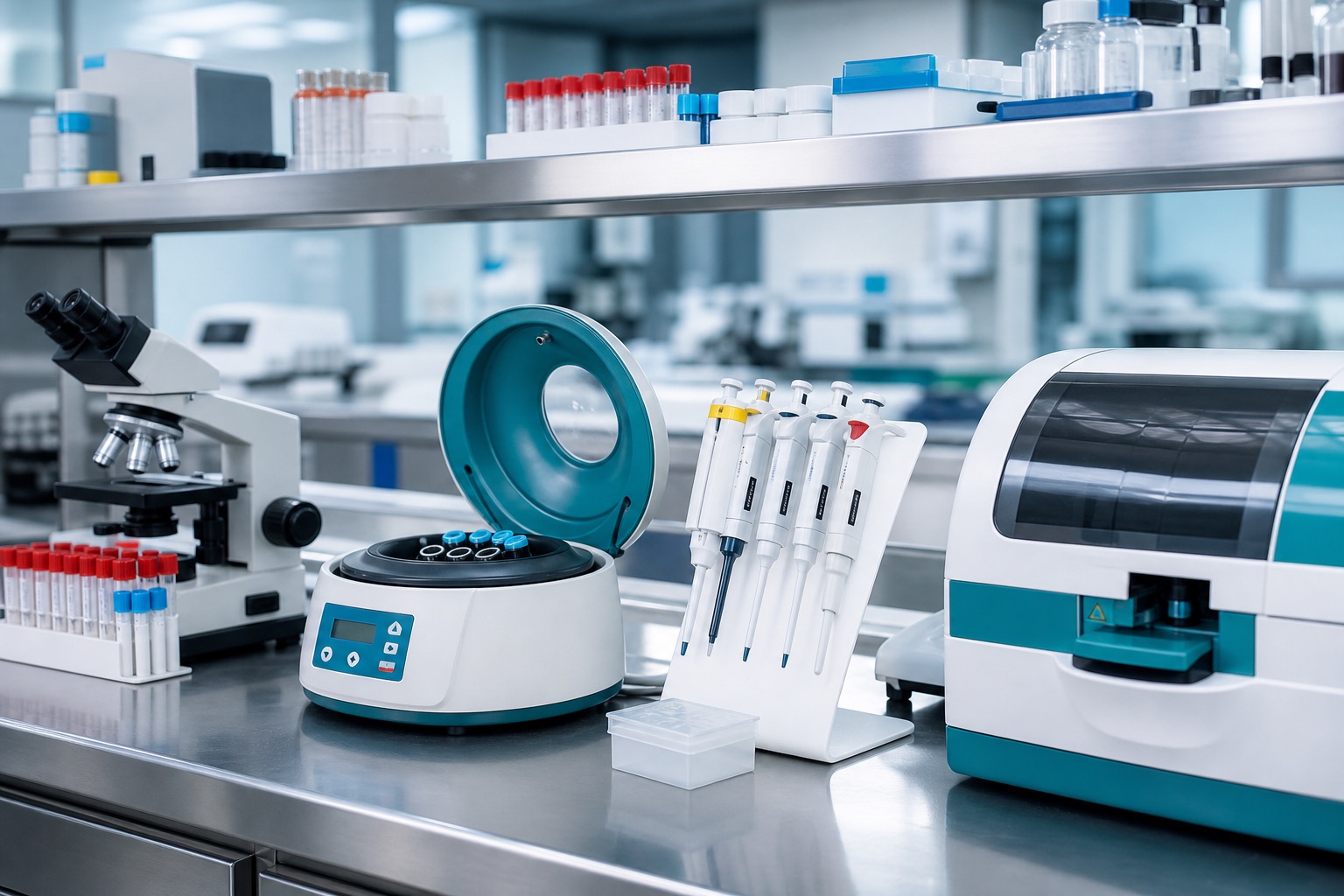 Clinical laboratory equipment including microscope, centrifuge, pipettes, and diagnostic analyzer